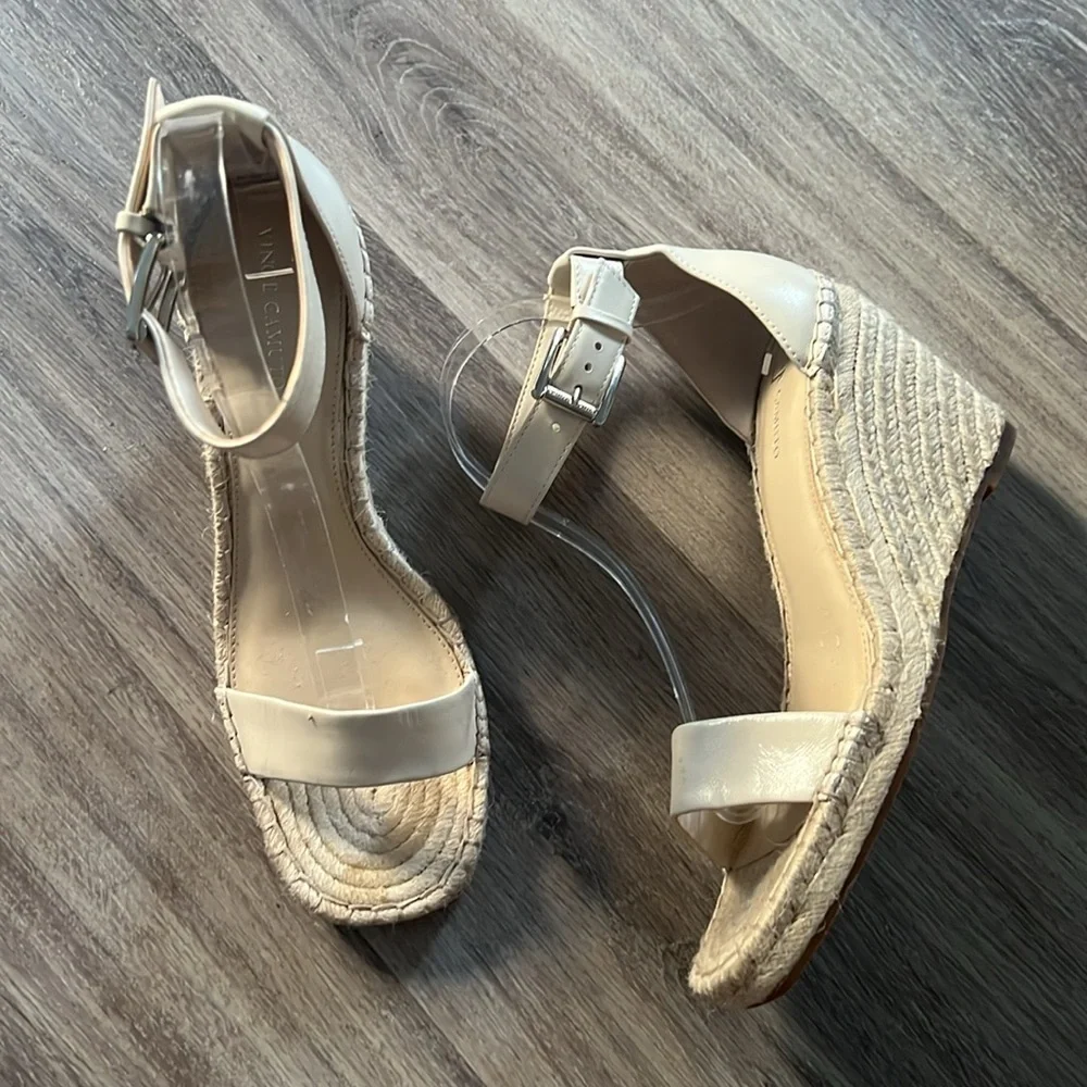 Vince Camuto Women’s Cream Strap   Wedge Espadrille Leather Sandals Size 10